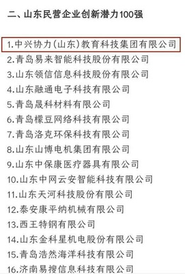 科技賦能教育，創(chuàng)新引領(lǐng)未來 中興協(xié)力集團入圍山東民營企業(yè)創(chuàng)新潛力百強